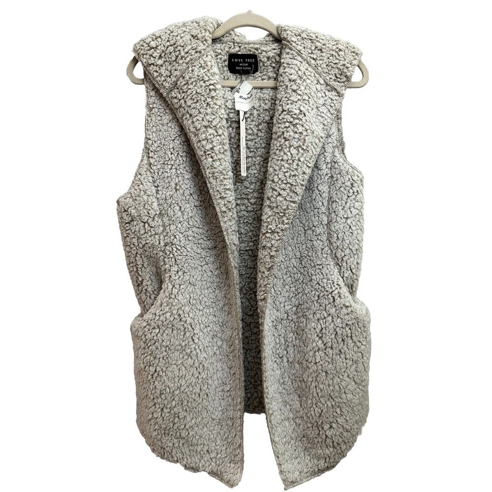 NWT Love Tree Soft Sherpa Faux Fur Vest Jacket Hooded Soft Comfort White&Gray M